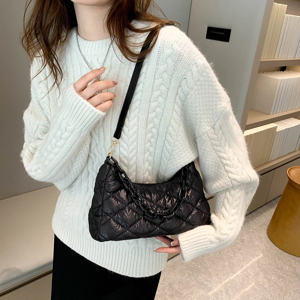 Quilted Women Shoulder Bags Cotton Padded Chain Shoulder Handbag Nylon Shoulder