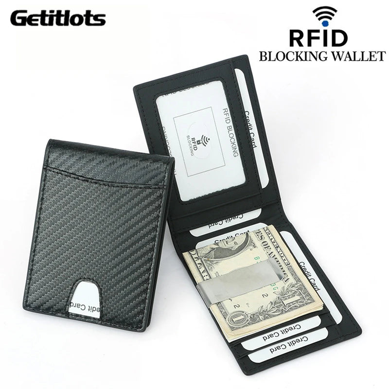 RFID Carbon Fiber Slim Money Clip for Men Leather Mini Wallet