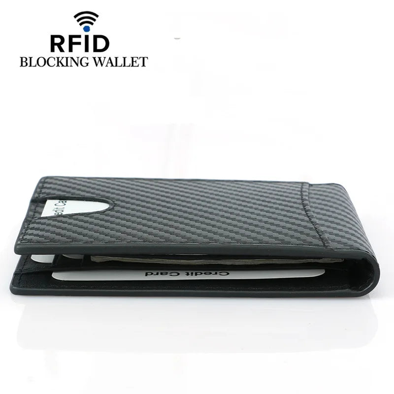 RFID Carbon Fiber Slim Money Clip for Men Leather Mini Wallet