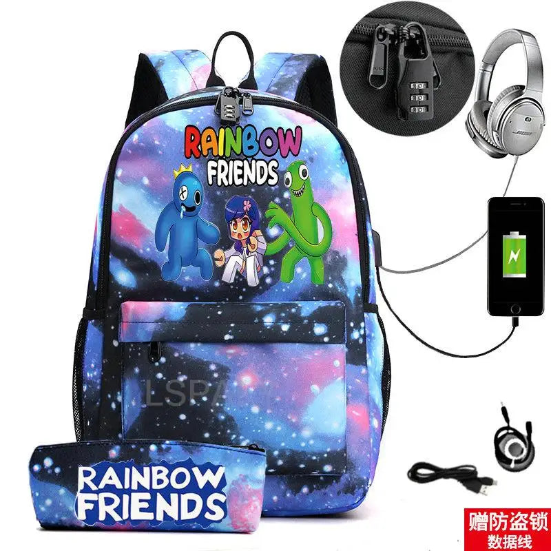 Rainbow USB Backpack Waterproof Travel SchoolBags Students Laptop BookBag