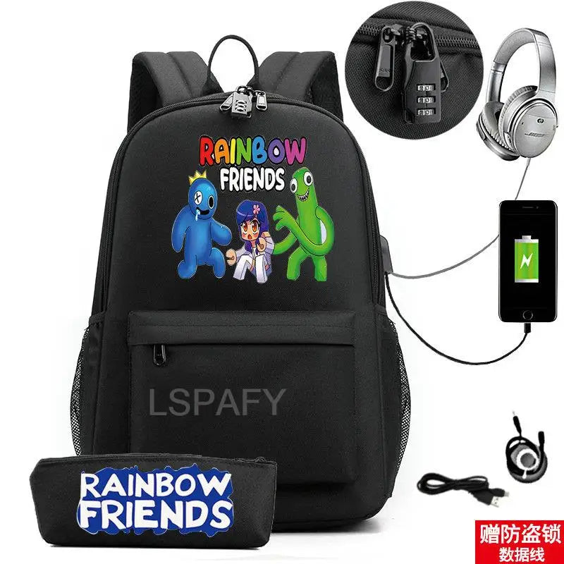 Rainbow USB Backpack Waterproof Travel SchoolBags Students Laptop BookBag