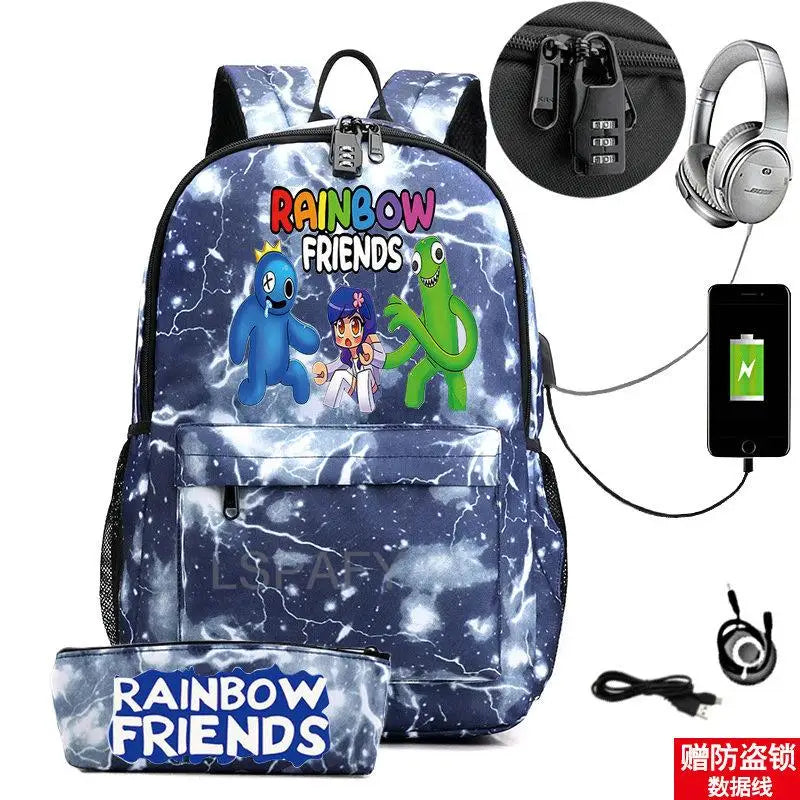 Rainbow USB Backpack Waterproof Travel SchoolBags Students Laptop BookBag
