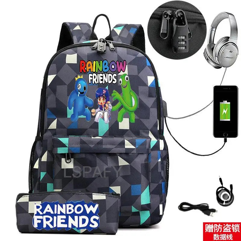 Rainbow USB Backpack Waterproof Travel SchoolBags Students Laptop BookBag