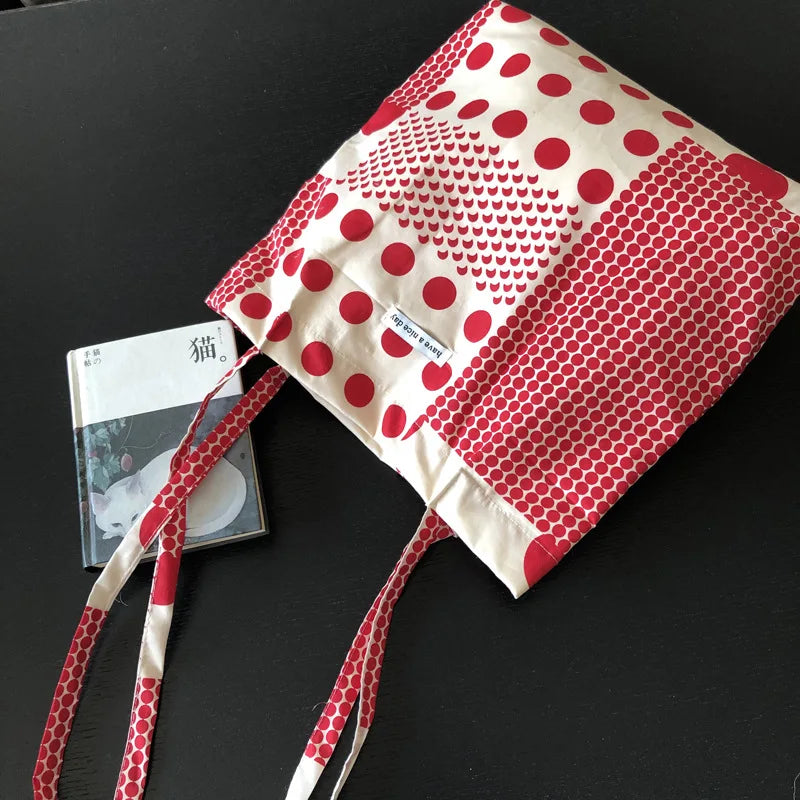 Red Polka Dot Women Shoulder Bag Thin Cotton Linen Large Capacity Handbag