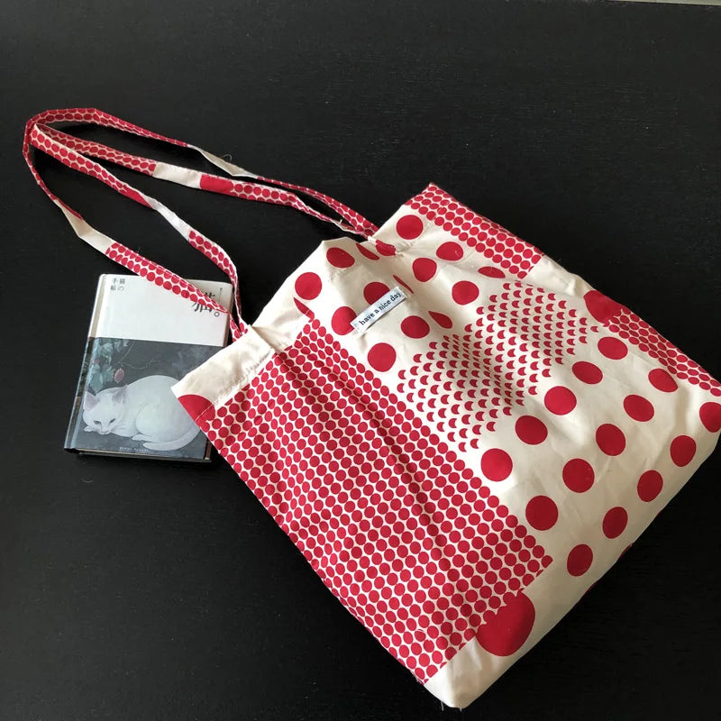 Red Polka Dot Women Shoulder Bag Thin Cotton Linen Large Capacity Handbag