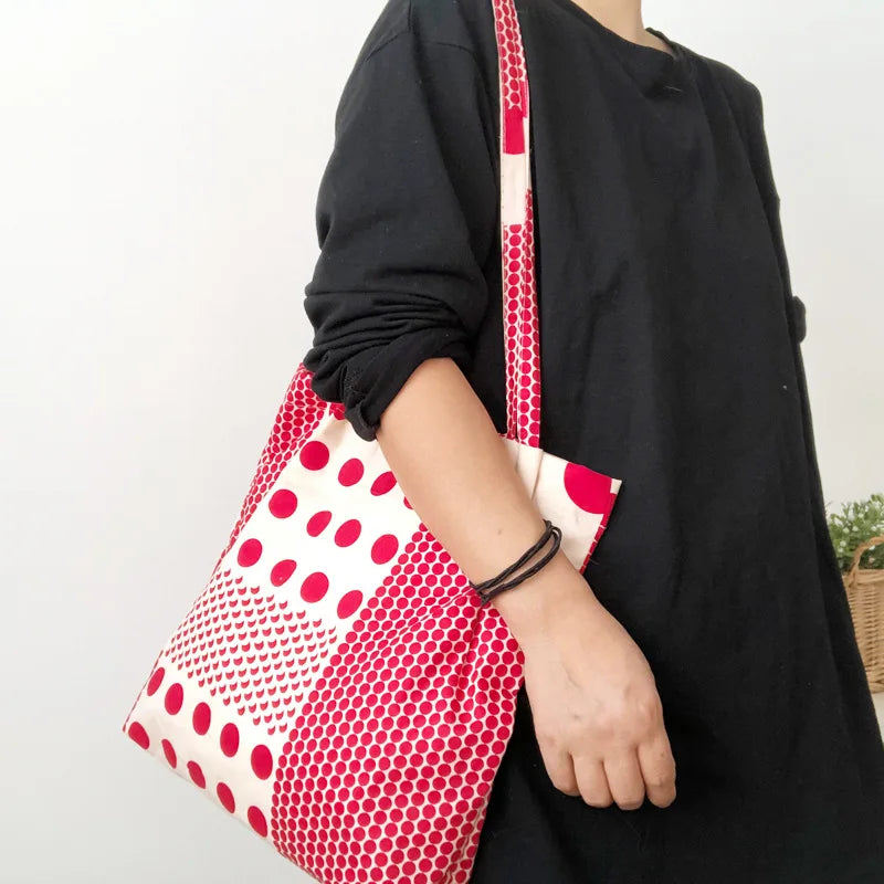 Red Polka Dot Women Shoulder Bag Thin Cotton Linen Large Capacity Handbag