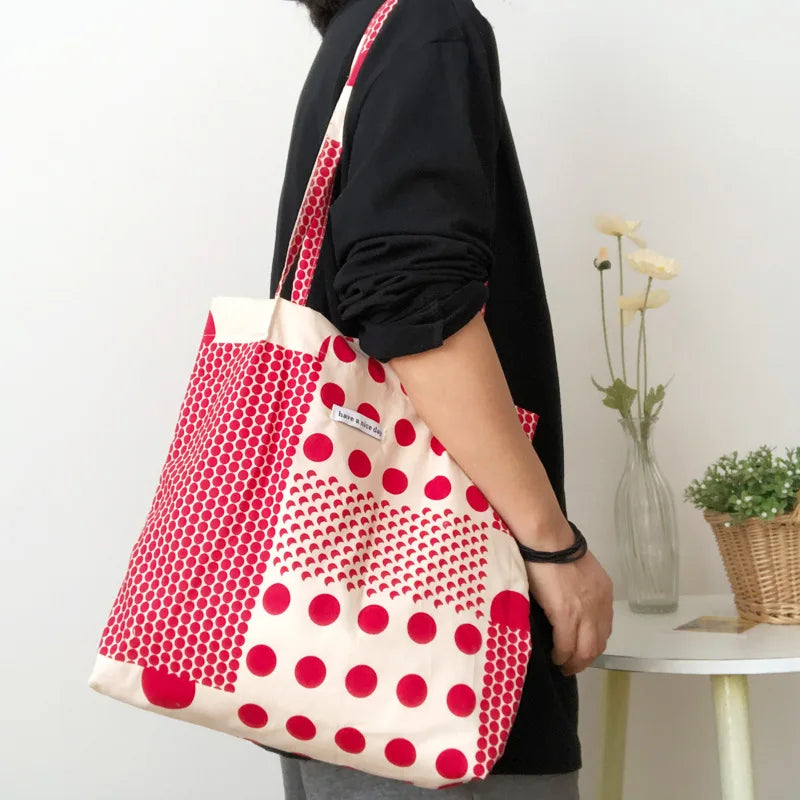 Red Polka Dot Women Shoulder Bag Thin Cotton Linen Large Capacity Handbag