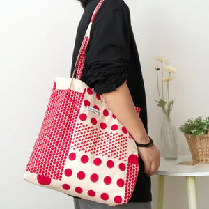 Red Polka Dot Women Shoulder Bag Thin Cotton Linen Large Capacity Handbag