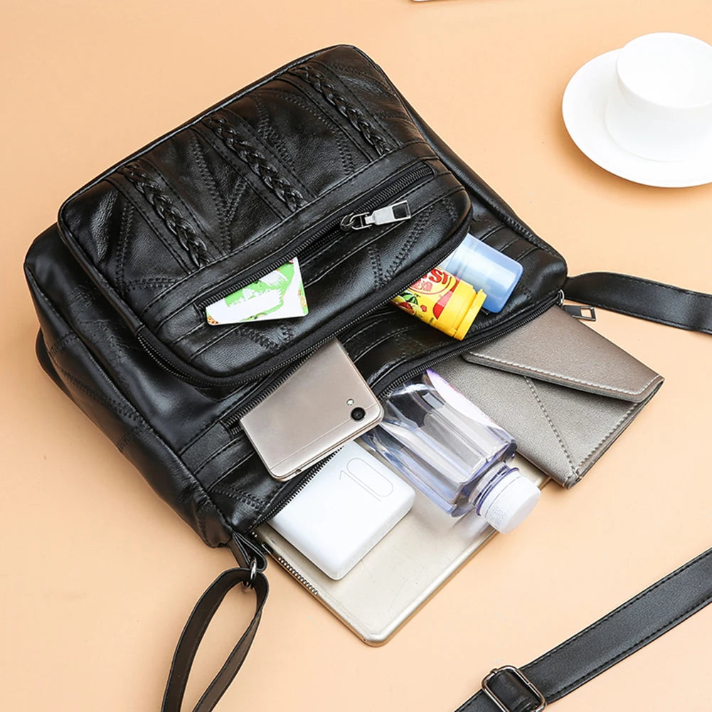 Retro Mother's Shoulder Handbags Casual PU Leather Braided Women's Messenger Bag