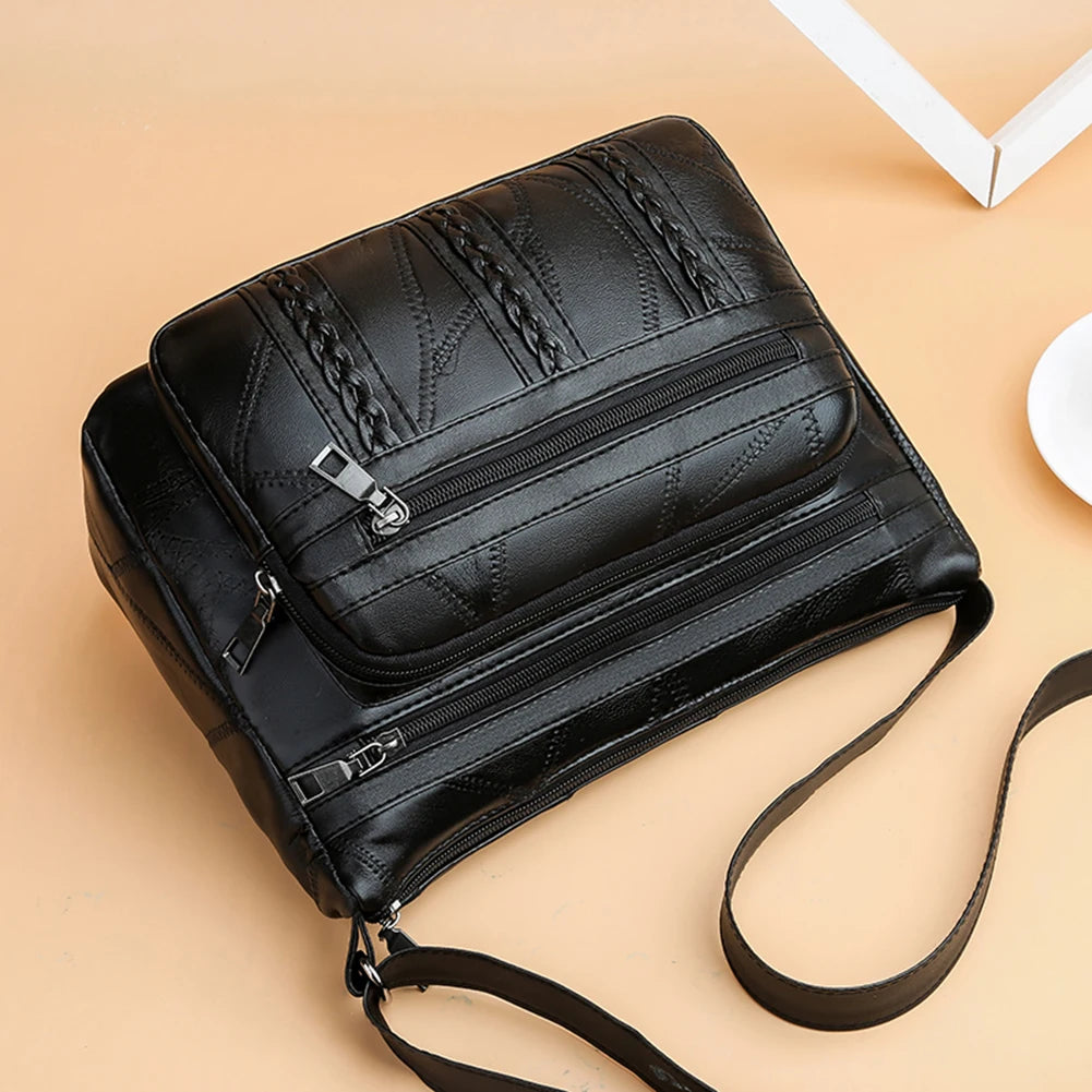 Retro Mother's Shoulder Handbags Casual PU Leather Braided Women's Messenger Bag