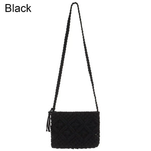 Boho Style Handwoven Crossbody Straw Shoulder Bag with Tassel Zipper
