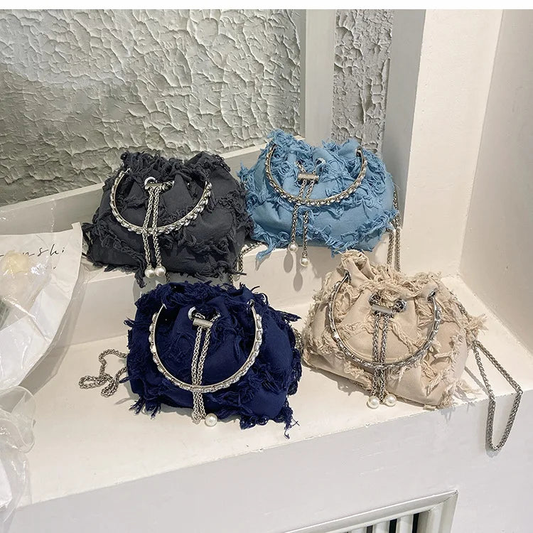 Retro Canvas Tassel Crossbody Bags Personality Ins Ladies Bucket Purses