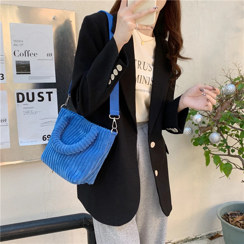 Corduroy Women's Bucket Shoulder Bag Solid Tote Purse Handbags