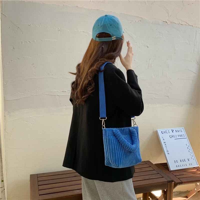 Corduroy Women's Bucket Shoulder Bag Solid Tote Purse Handbags