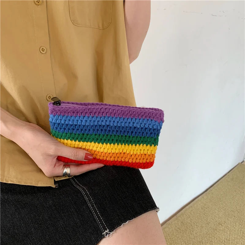 Rainbow Knitting Tote Bag for Women, Retro Style Shopper Purse