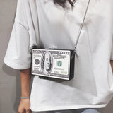 Retro Dollar Pattern Box Leather Clutch Bag Chain Purse Shoulder Bag