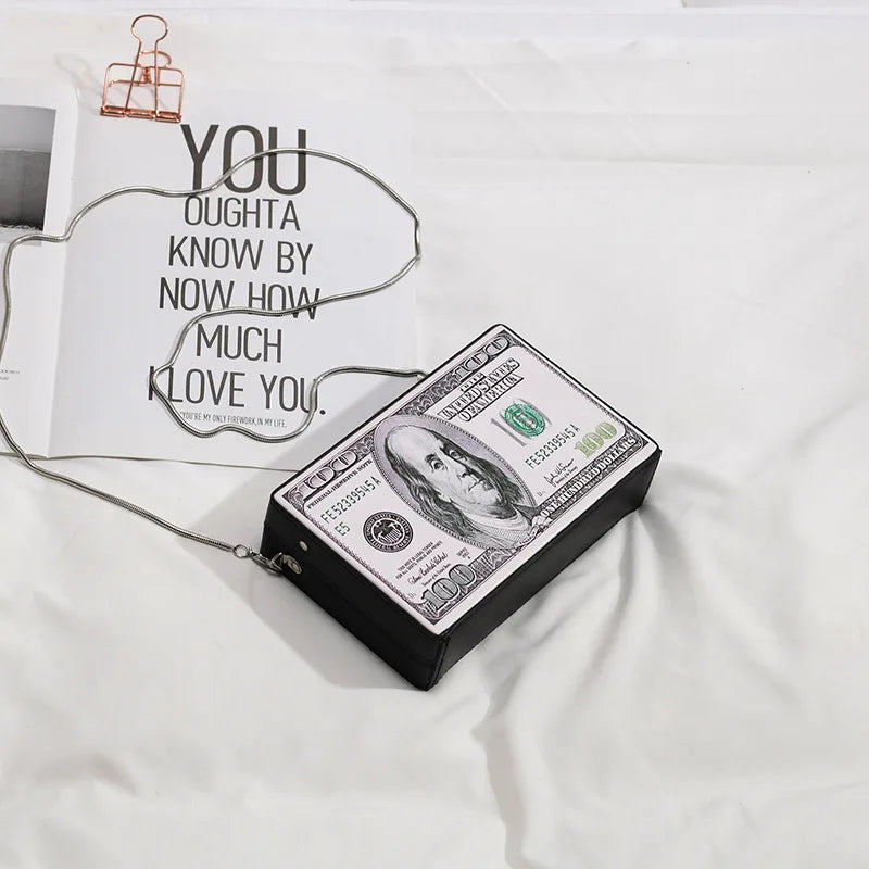 Retro Dollar Pattern Box Leather Clutch Bag Chain Purse Shoulder Bag
