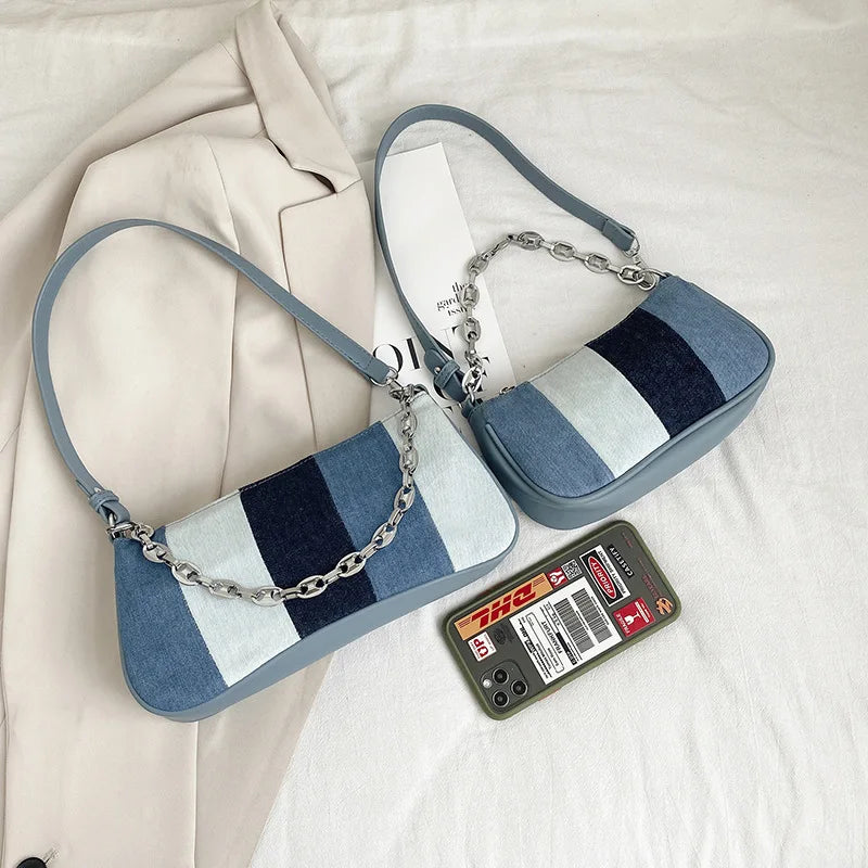 Retro Women's Underarm Bag Denim Ladies Small Handbag Canvas Purse