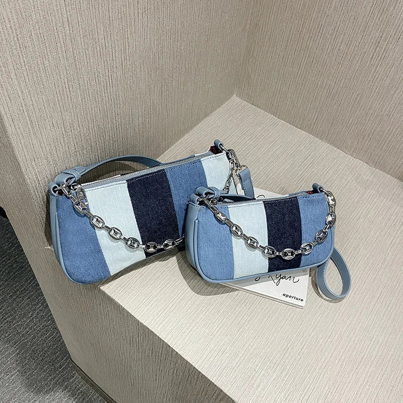 Retro Women's Underarm Bag Denim Ladies Small Handbag Canvas Purse