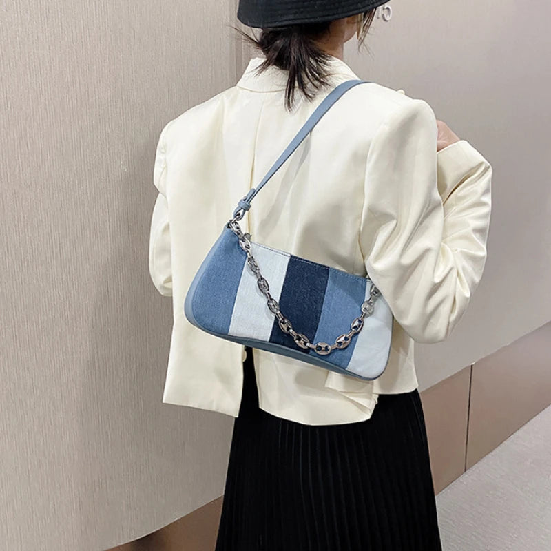 Retro Women's Underarm Bag Denim Ladies Small Handbag Canvas Purse