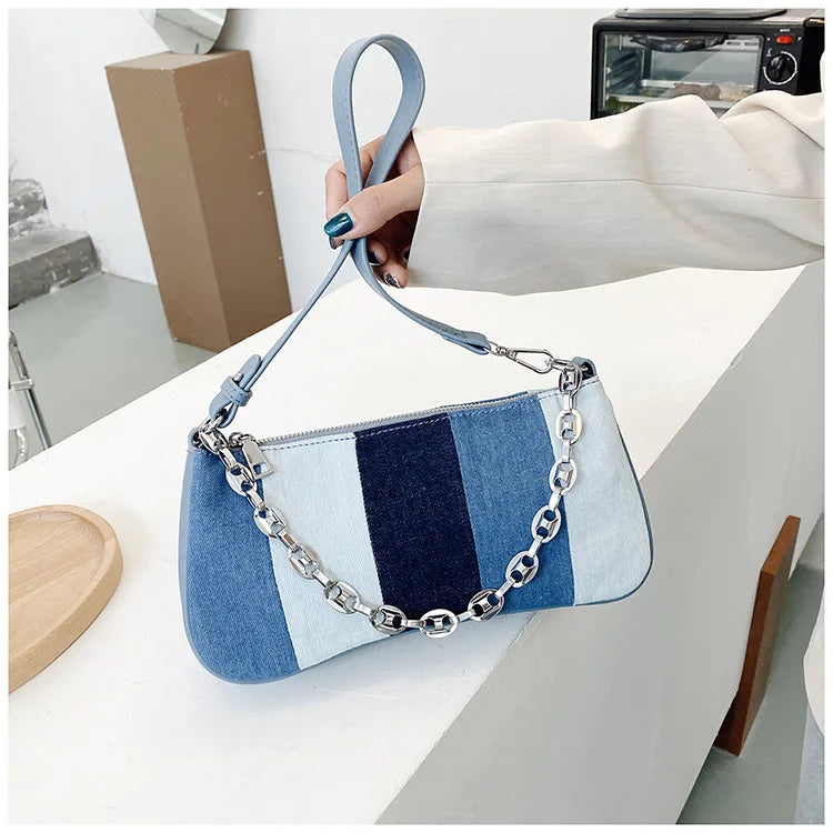 Retro Women's Underarm Bag Denim Ladies Small Handbag Canvas Purse