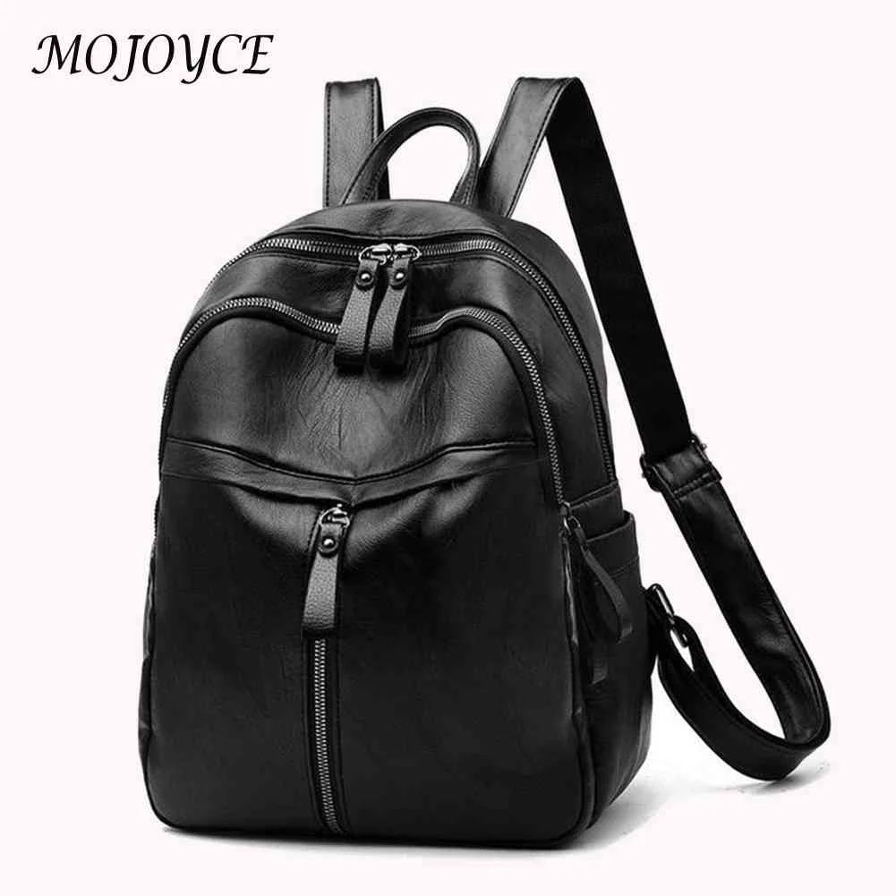 Retro Solid Rucksack Large Zipper Backpack PU Leather School Knapsack