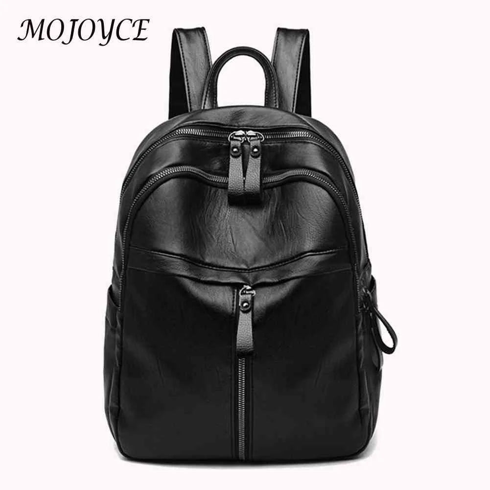 Retro Solid Rucksack Large Zipper Backpack PU Leather School Knapsack