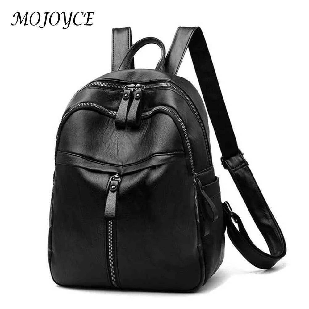 Retro Solid Rucksack Large Zipper Backpack PU Leather School Knapsack