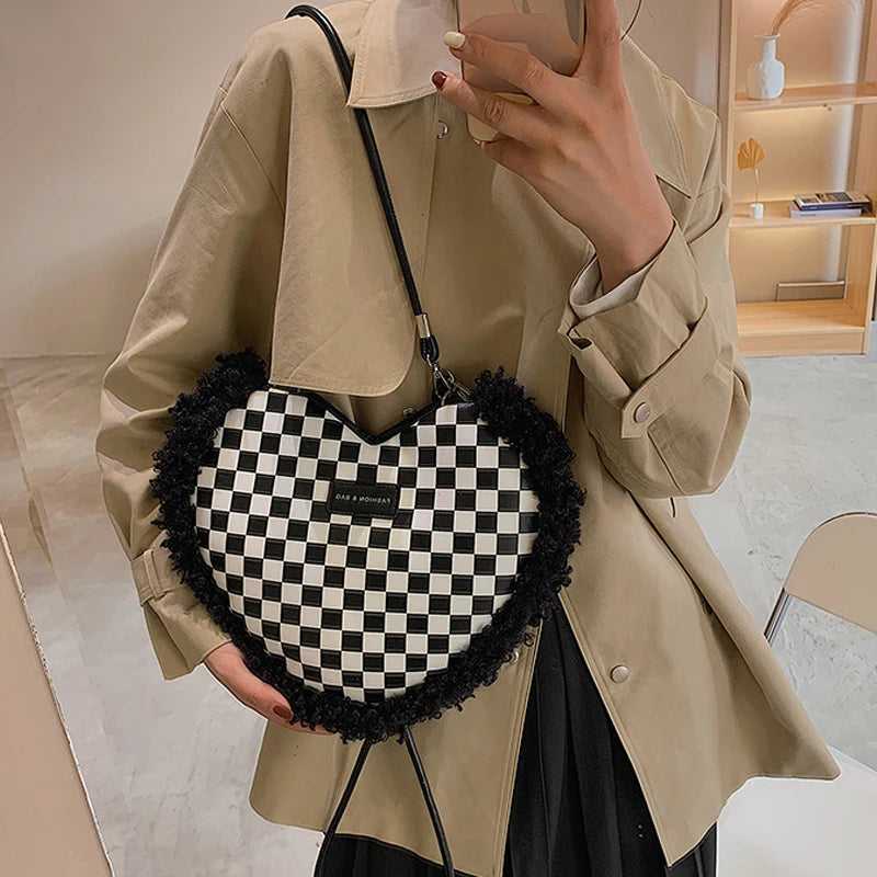 Heart-shaped Shoulder Bag for Women Plush Crossbody Handbag