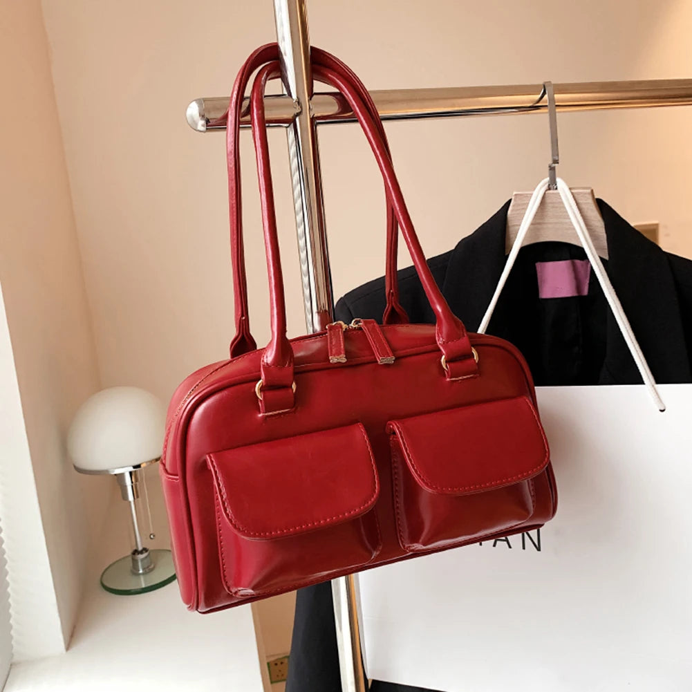 Retro Tote Handbags Double Pocket PU Leather Underarm Bag