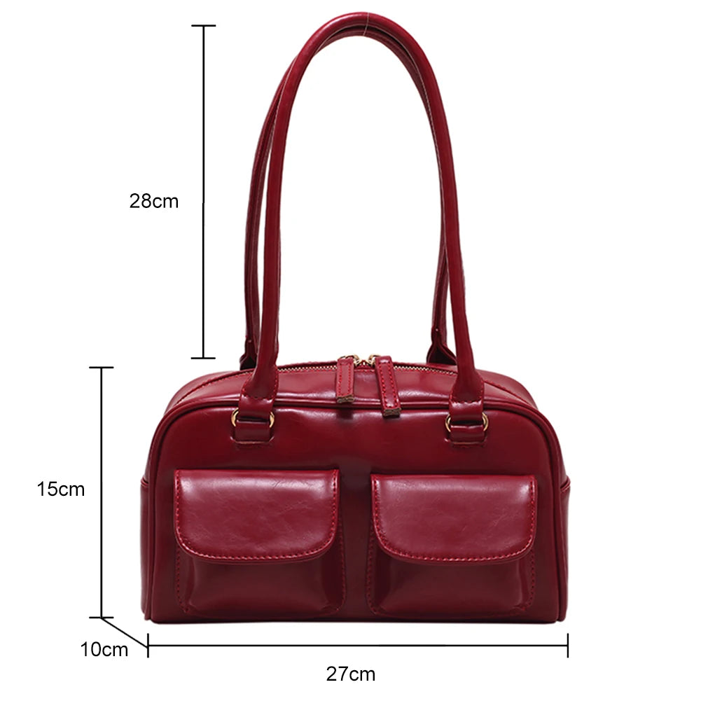 Retro Tote Handbags Double Pocket PU Leather Underarm Bag