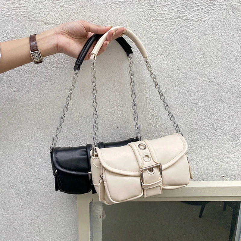 Retro Women Chain Shoulder Bag Small PU Leather Underarm Bag Female