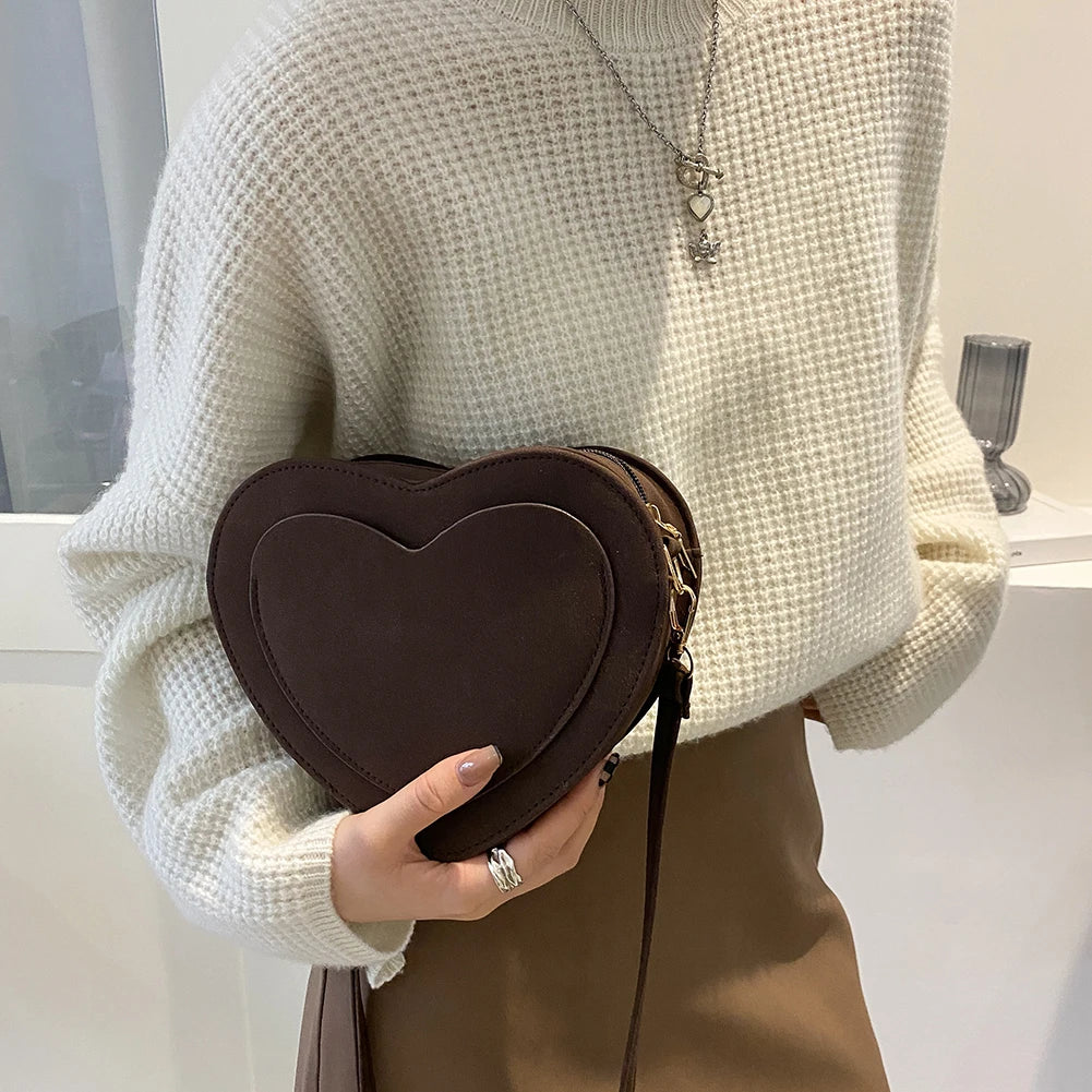 Retro Love Heart Shoulder Bag Matte Leather Crossbody Purse Handbag