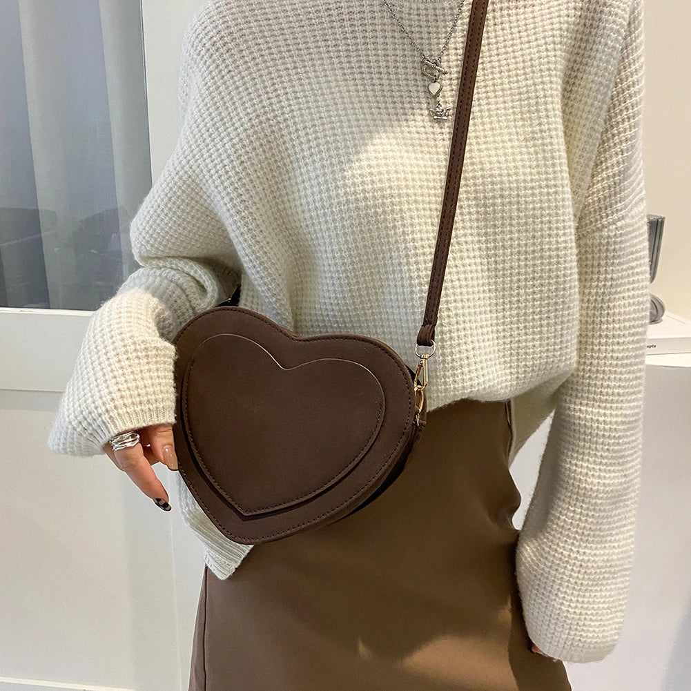 Retro Love Heart Shoulder Bag Matte Leather Crossbody Purse Handbag