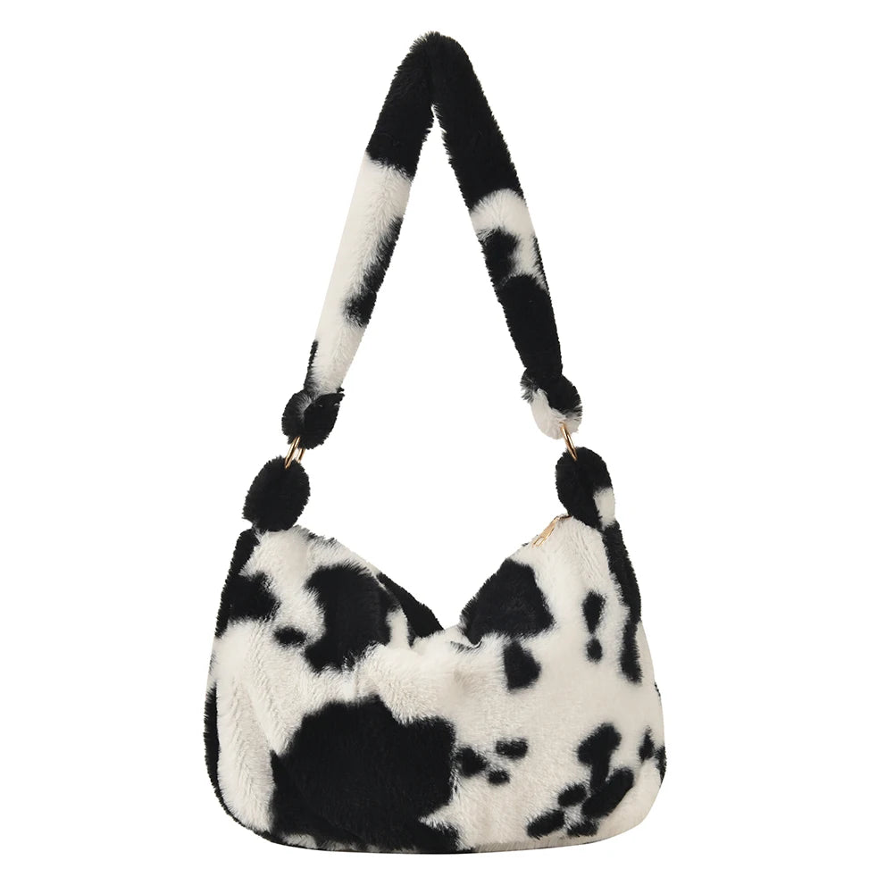 Retro Women Plush Shoulder Bag Winter Animal Pattern Tote Purse