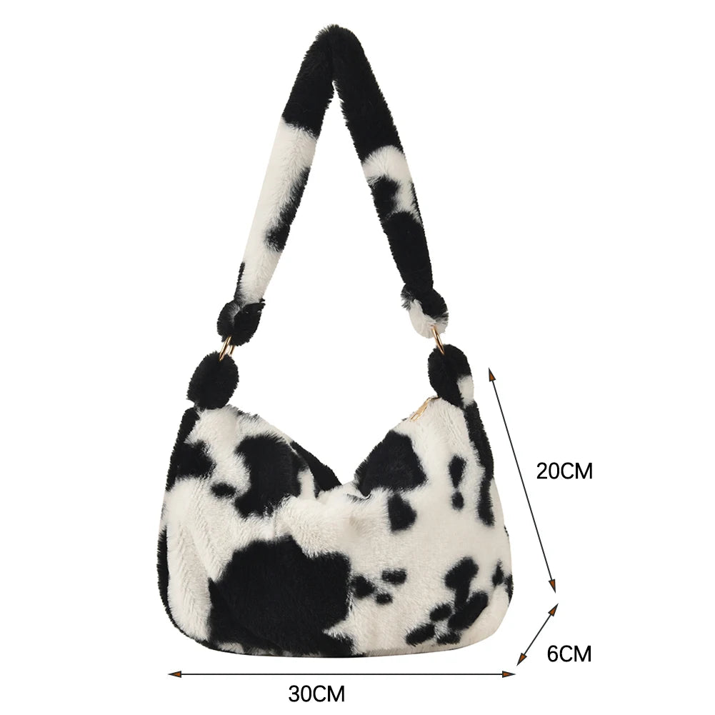 Retro Women Plush Shoulder Bag Winter Animal Pattern Tote Purse