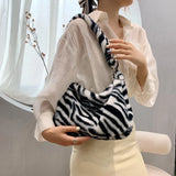 Retro Women Plush Shoulder Bag Winter Animal Pattern Tote Purse