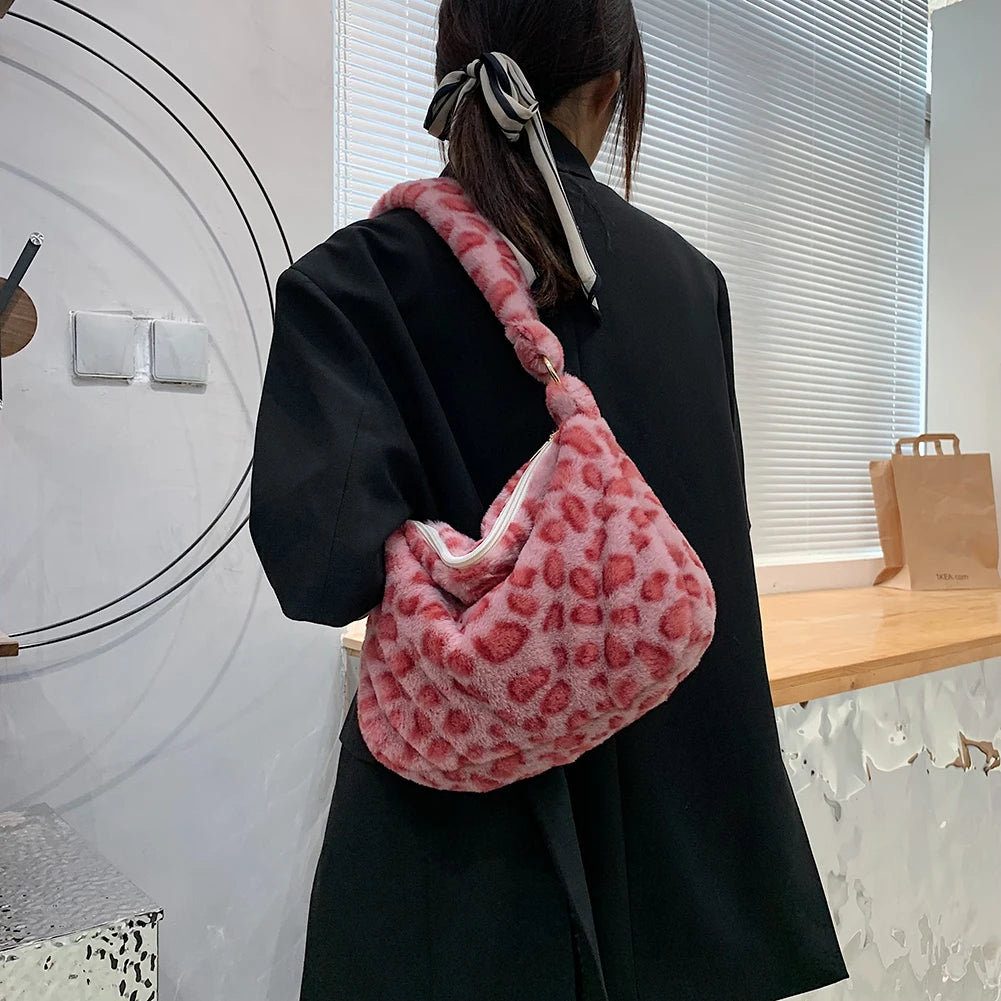 Retro Women Plush Shoulder Bag Winter Animal Pattern Tote Purse