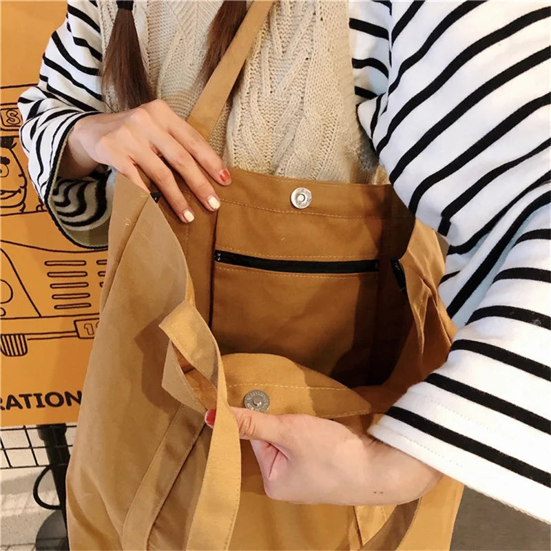 Canvas Shoulder Bag Solid Fresh Buckle Tote Large Handbag