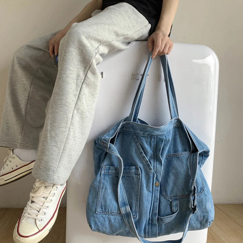 Casual Denim Shoulder Bag Large Capacity Canvas College Handbag
