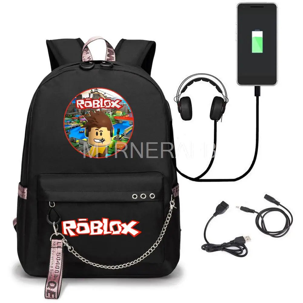 Roblox Backpack USB Charge Luminous Travel School Bag Girl Boy