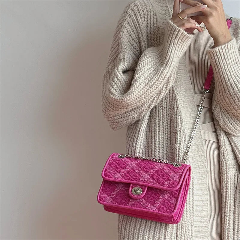 Rose Pink Women Lock Shoulder Bags Plaid Ladies Small Square Crossbody Bag