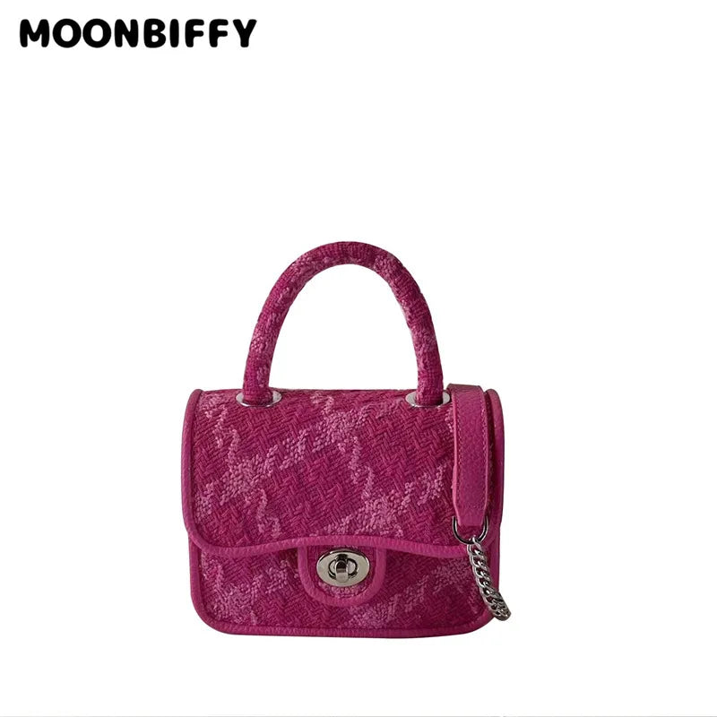 Rose Pink Women Lock Shoulder Bags Plaid Ladies Small Square Crossbody Bag