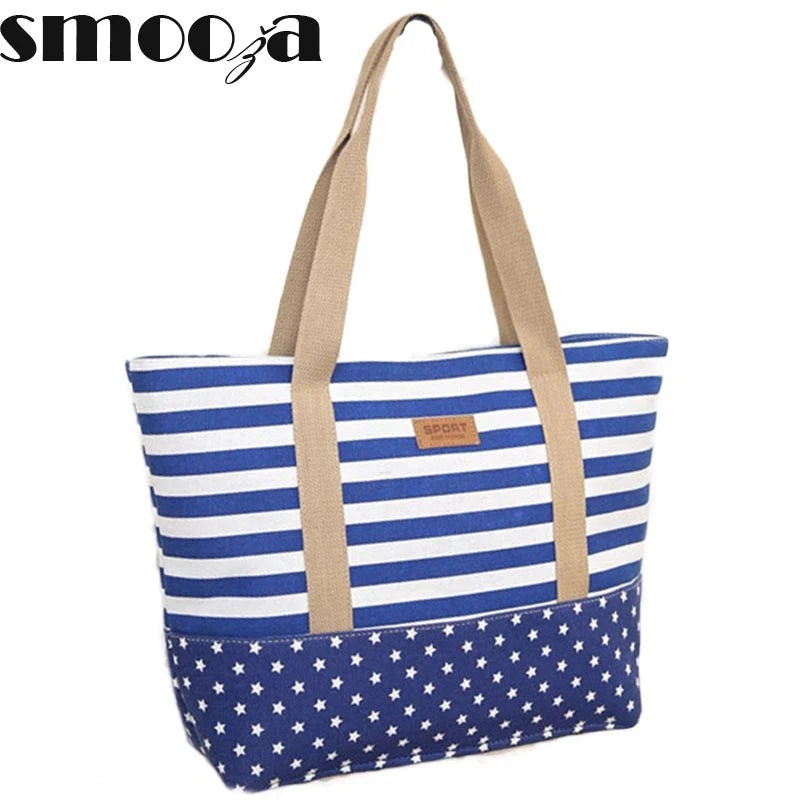 Striped Canvas Handbag Casual Shoulder Shopping Beach Bag Zip