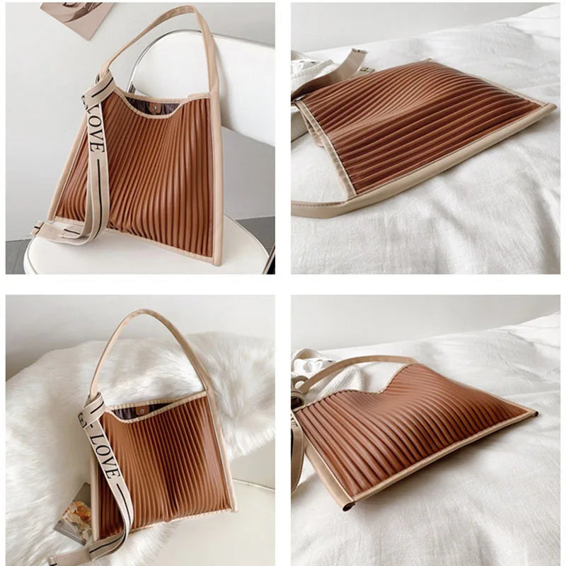 Casual Totes Bag Striped Leather Shoulder Handbags Large Capacity
