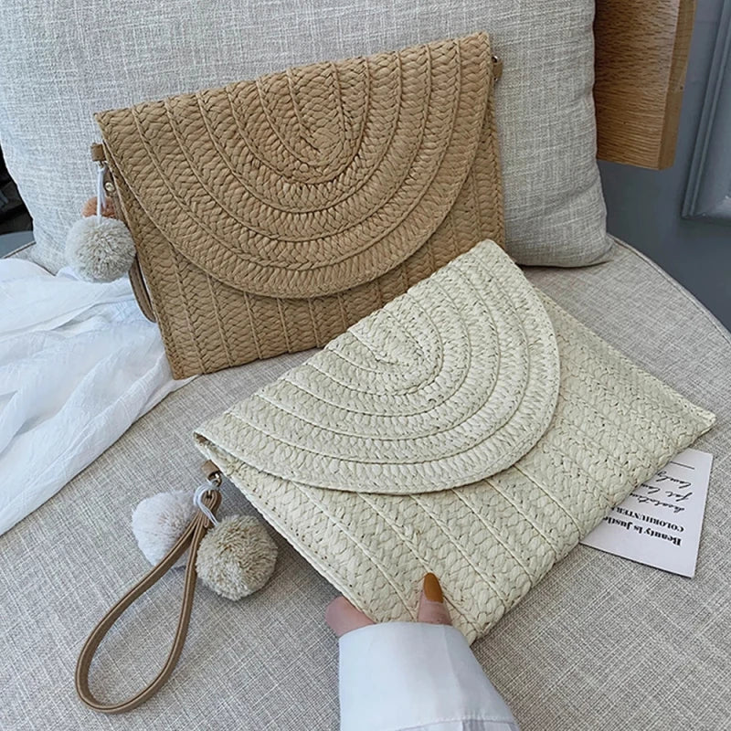 Round Straw Beach Bag Vintage Woven Raffia Circle Rattan Bag
