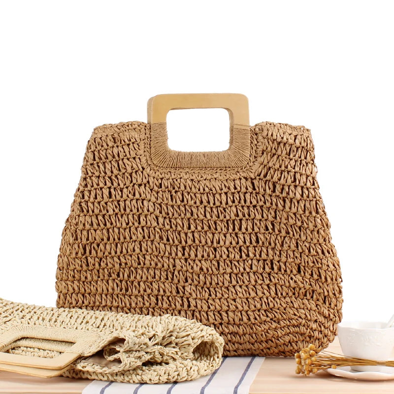 Round Straw Beach Bag Vintage Woven Raffia Circle Rattan Bag