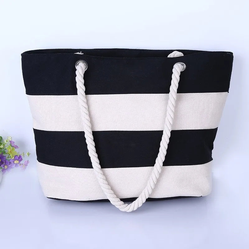 Stripes Printed Beach Canvas Shoulder Bag for Women
