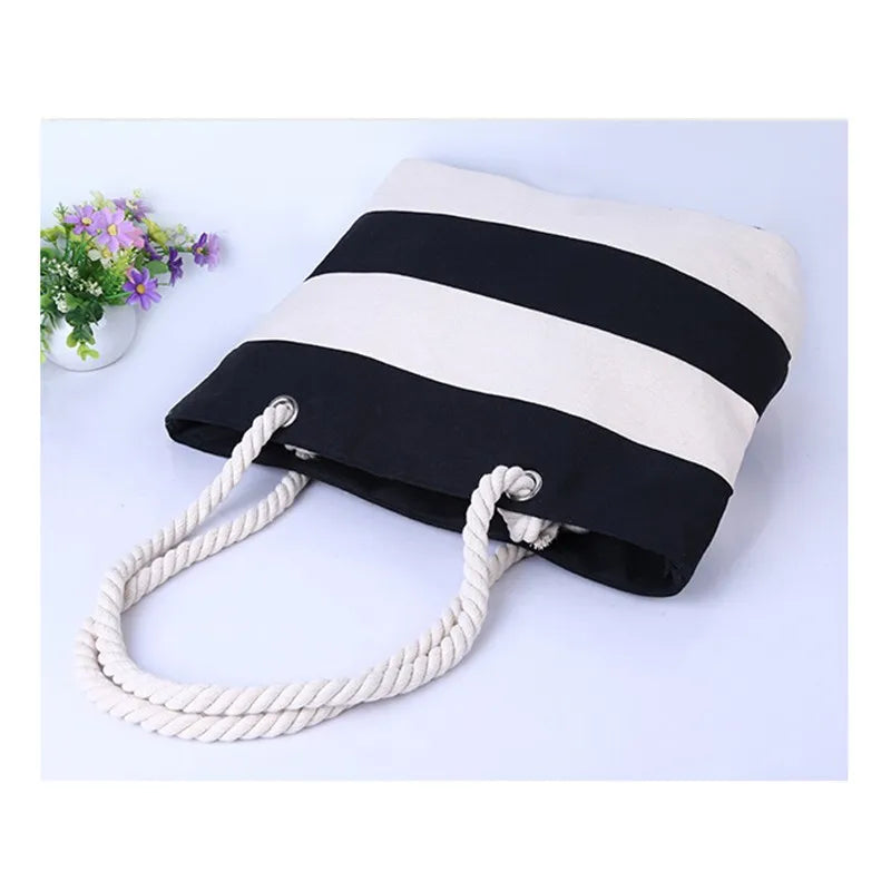 Stripes Printed Beach Canvas Shoulder Bag for Women