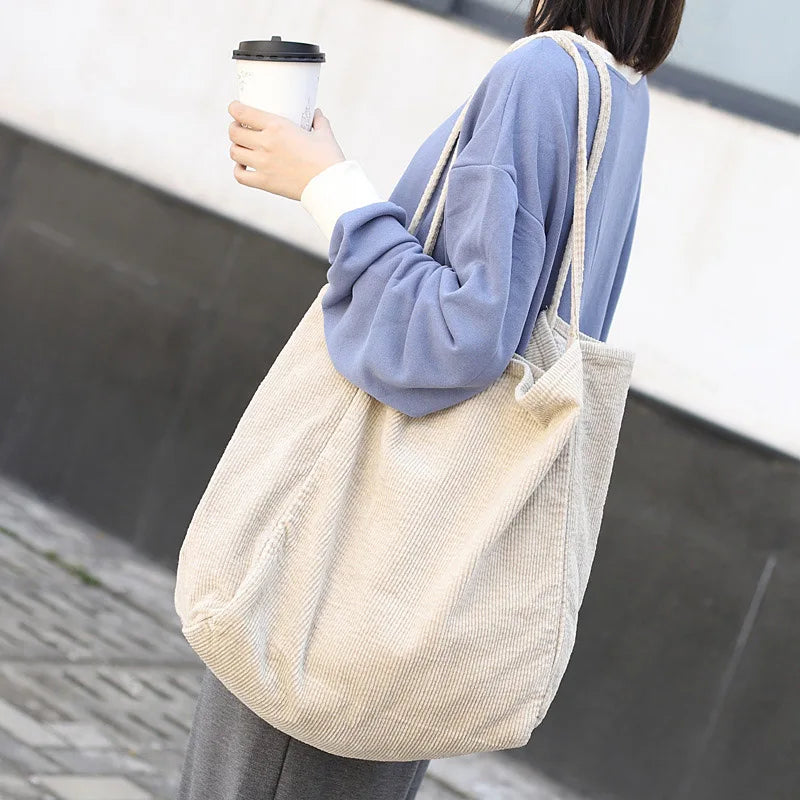 Corduroy Shoulder Bag Large Capacity Tote Handbag Folding Shopping Bags